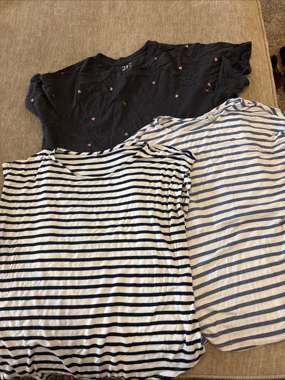 3 Casual Women's Tops - Striped Navy & White + Navy Heart Tee